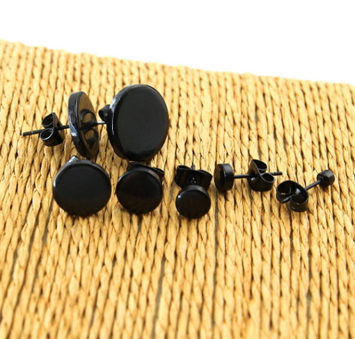 1 Pair Ear Studs Earrings Black Plated Round Shaped with Butterfly Clasp